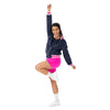 Midnight Blue Pickleball bomber jacket with pink and white striped cuffs and collar and positive pink shorts