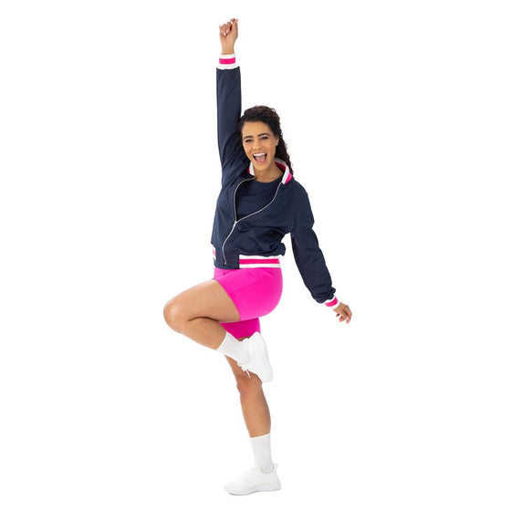 Midnight Blue Pickleball bomber jacket with pink and white striped cuffs and collar and positive pink shorts