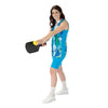 Aqua marbled v-neck tunic, with aqua blue side panels, aqua pickleball shorts with nine inch inseam