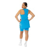 Aqua, pickleball racerback tunic with cool toned marble side panels and pickleball logo below back of collar, aqua 6 inch inseam performance shorts 