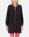 Long Black Bomber with black and white ribbing at cuffs and collar