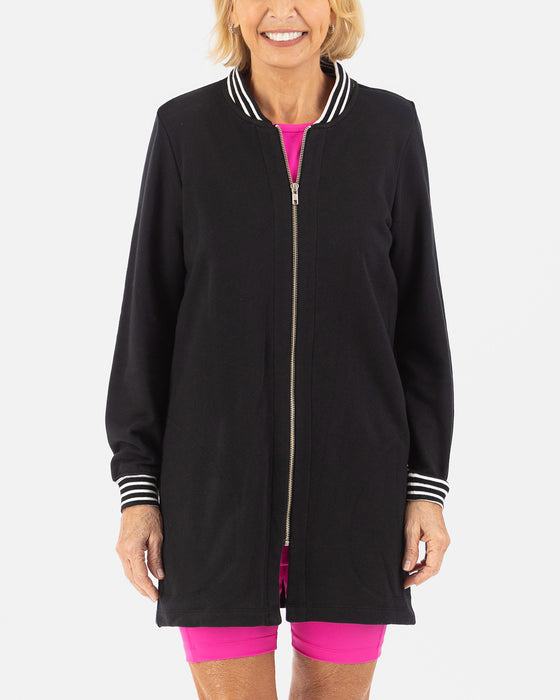 Long Black Bomber with black and white ribbing at cuffs and collar