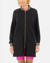 Long Black Bomber with black and white ribbing at cuffs and collar