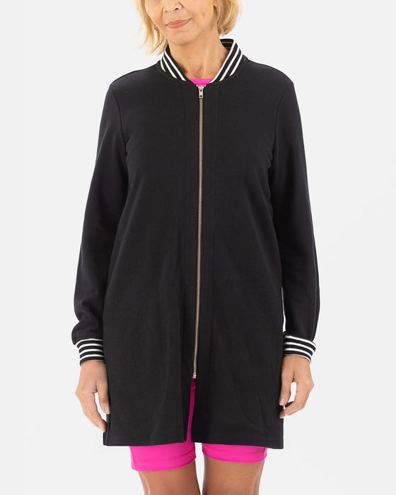 Long Black Bomber with black and white ribbing at cuffs and collar
