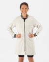 Long Gray Bomber with black and white ribbing at cuffs and collar