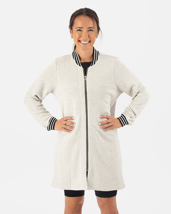 Long Gray Bomber with black and white ribbing at cuffs and collar