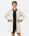 Long Gray Bomber with black and white ribbing at cuffs and collar