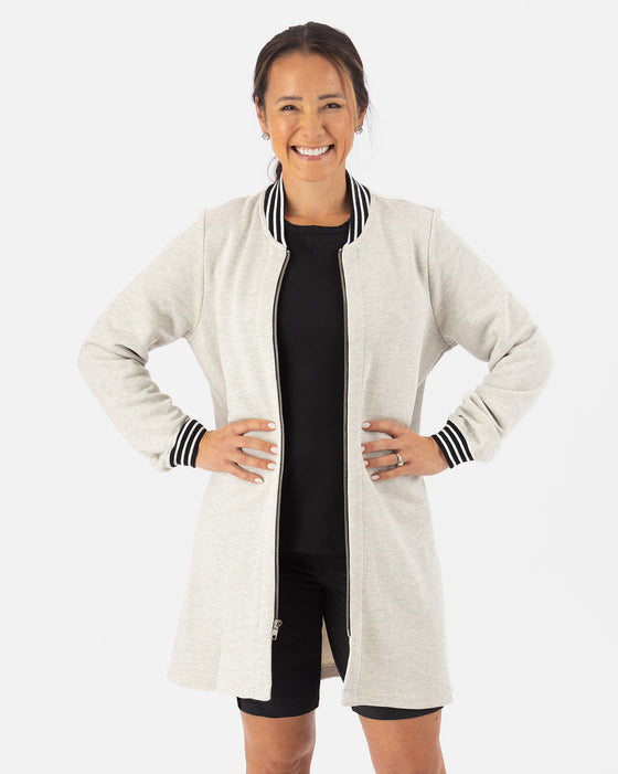 Long Gray Bomber with black and white ribbing at cuffs and collar