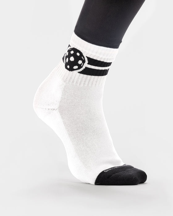 White crew socks with charcoal stripe and pickleball detail and charcoal at toe