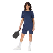  Heather, navy blue classic tunic, short sleeved, with black side panel, matching nine inch inseam blue pickleball shorts