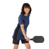 Heather, navy blue classic tunic, short sleeved, with black side panel, matching nine inch inseam blue pickleball shorts