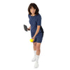  Heather, navy blue classic tunic, short sleeved, with black side panel, matching nine inch inseam blue pickleball shorts