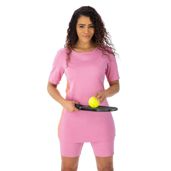 Heather Pink short sleeved pickleball tunic with pink and mango striped side panels, pink nine inch inseam, pickleball shorts