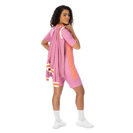 Heather Pink short sleeved pickleball tunic with pink and mango striped side panels