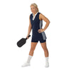 Navy v-neck pickleball tunic with blue and white striped panels and six inch inseam, navy, performance shorts