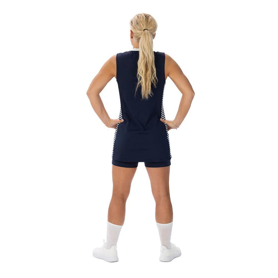 Navy v-neck pickleball tunic with blue and white striped panels and six inch inseam, navy, performance shorts