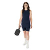 Midnight blue racerback tunic with pink and white striped side panels, blue pickleball shorts with nine inch inseam