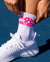 White crew socks with Pink stripe and pickleball detail and pink at toe