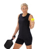 Performance Top in Black and Performance shorts in black front view.  Blonde model holding a pickleball and paddle