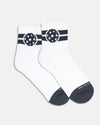 White crew socks with charcoal stripe and pickleball detail and charcoal at toe