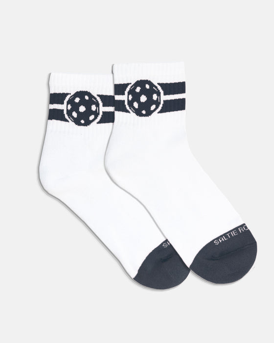 White crew socks with charcoal stripe and pickleball detail and charcoal at toe