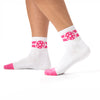 Saltie Rose white Pickleball socks with pink stripes, pink pickleball on ankle and pink toe detail. 