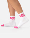White crew socks with Pink stripe and pickleball detail and pink at toe